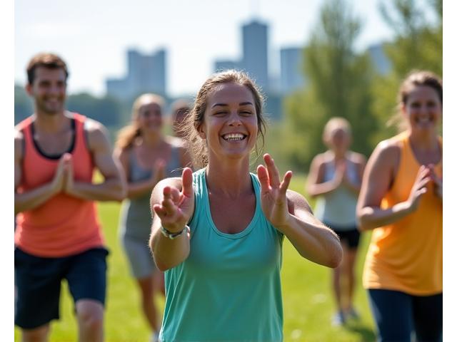 Skupina ľudí z Bratislavy cvičí vonku v mestskom parku, symbolizujúca komunitné fitness aktivity Života Spark.